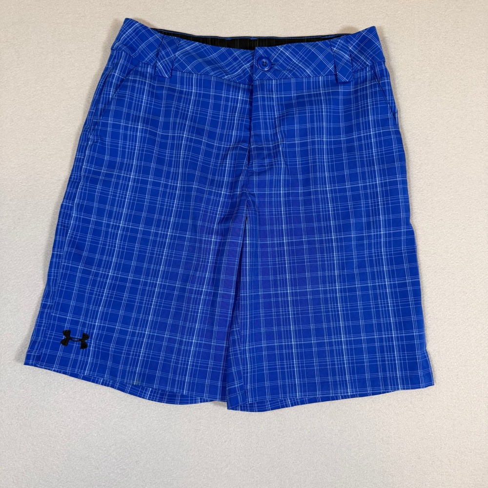 Under Armour Boys Blue Plaid Golf Shorts Size YLG Large Loose Fit Adjustable